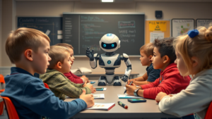 Mehrere Kinder sitzen in einem Klassenzimmer und werden von einem Robotergelehrten unterrichtet. Der Roboter steht an der Tafel und erklärt den Schülern etwas, während sie aufmerksam zuhören. Das Bild symbolisiert die Zukunft des Unterrichts mit Unterstützung von KI und Technologie.